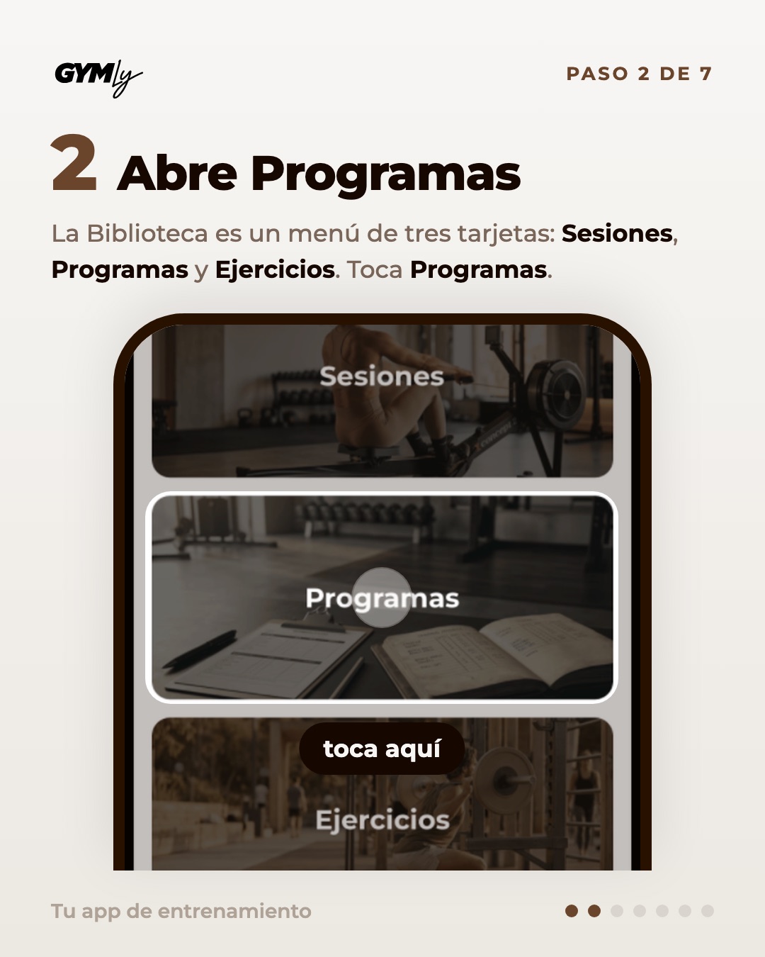 Abre Programas. La Biblioteca es un menú de tres tarjetas: Sesiones, Programas y Ejercicios. Toca Programas.