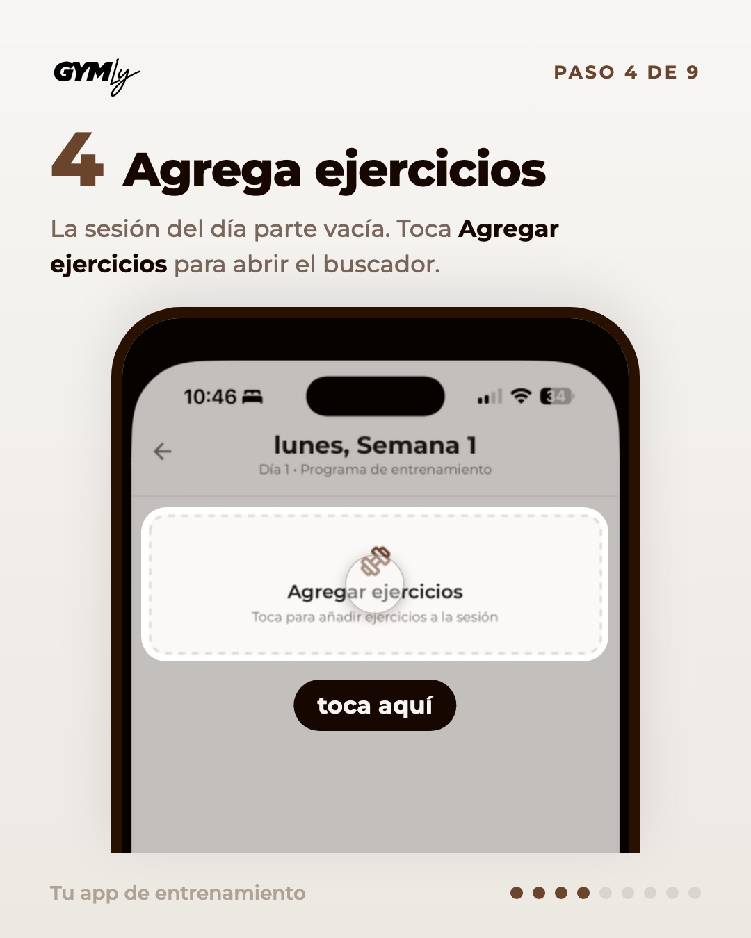 Agrega ejercicios. La sesión del día parte vacía. Toca Agregar ejercicios para abrir el buscador.