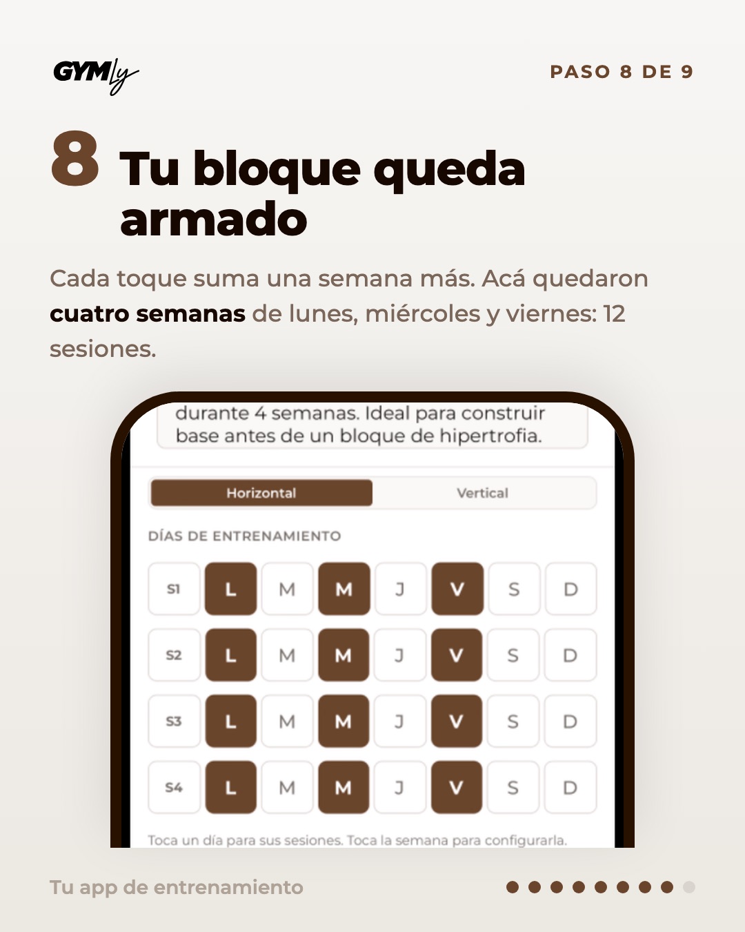 Tu bloque queda armado. Cada toque suma una semana más. Acá quedaron cuatro semanas de lunes, miércoles y viernes: 12 sesiones.