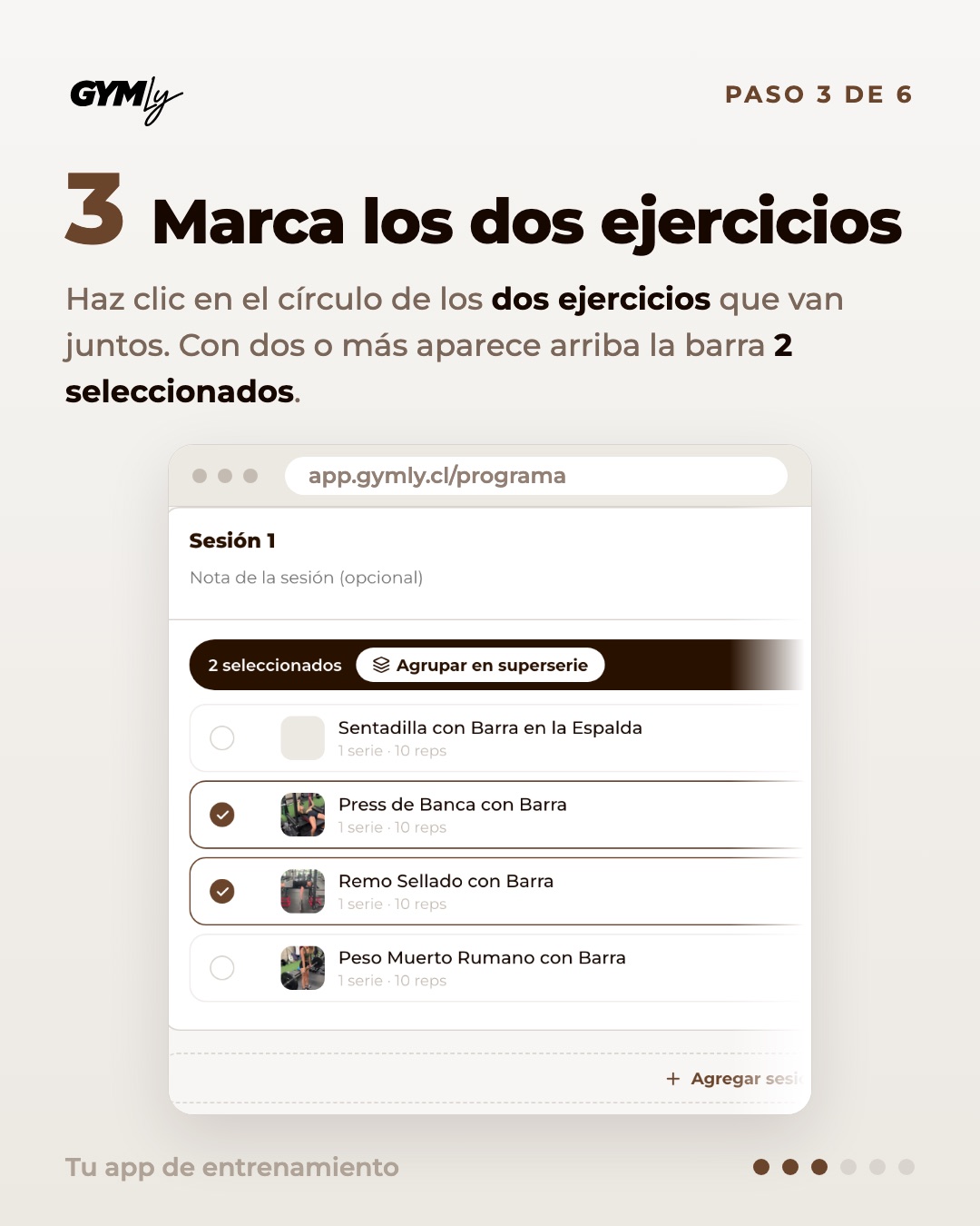 Marca los dos ejercicios. Haz clic en el círculo de los dos ejercicios que van juntos. Con dos o más aparece arriba la barra 2 seleccionados.