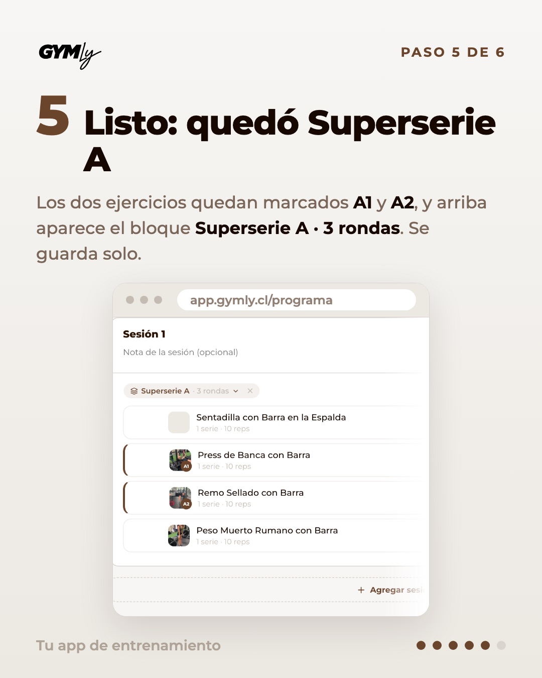 Listo: quedó Superserie A. Los dos ejercicios quedan marcados A1 y A2, y arriba aparece el bloque Superserie A · 3 rondas. Se guarda solo.