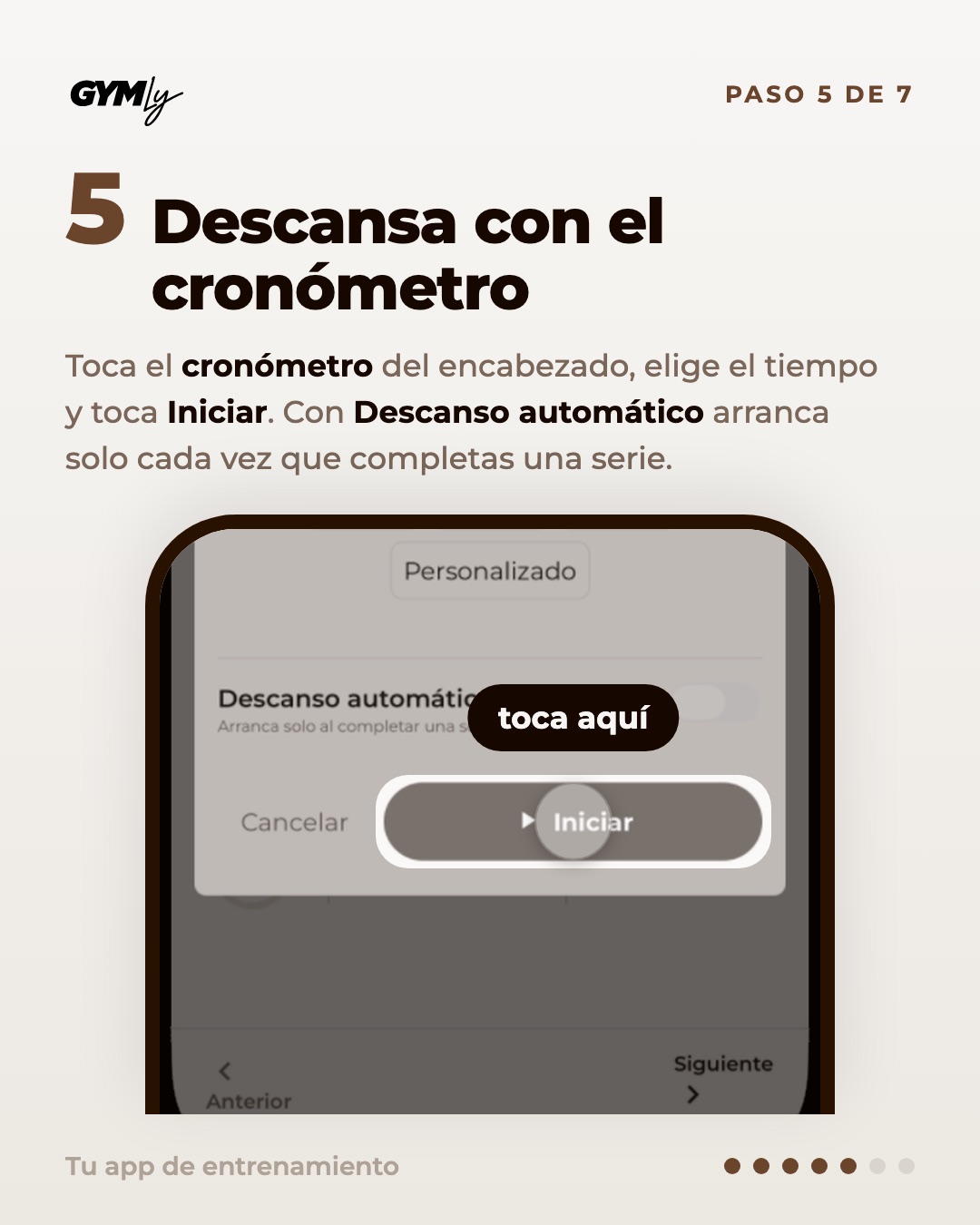 Descansa con el cronómetro. Toca el cronómetro del encabezado, elige el tiempo y toca Iniciar. Con Descanso automático arranca solo cada vez que completas una serie.