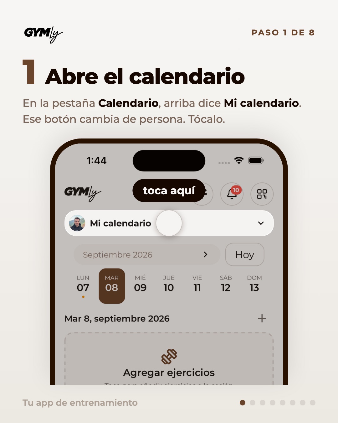 Abre el calendario. En la pestaña Calendario, arriba dice Mi calendario. Ese botón cambia de persona. Tócalo.