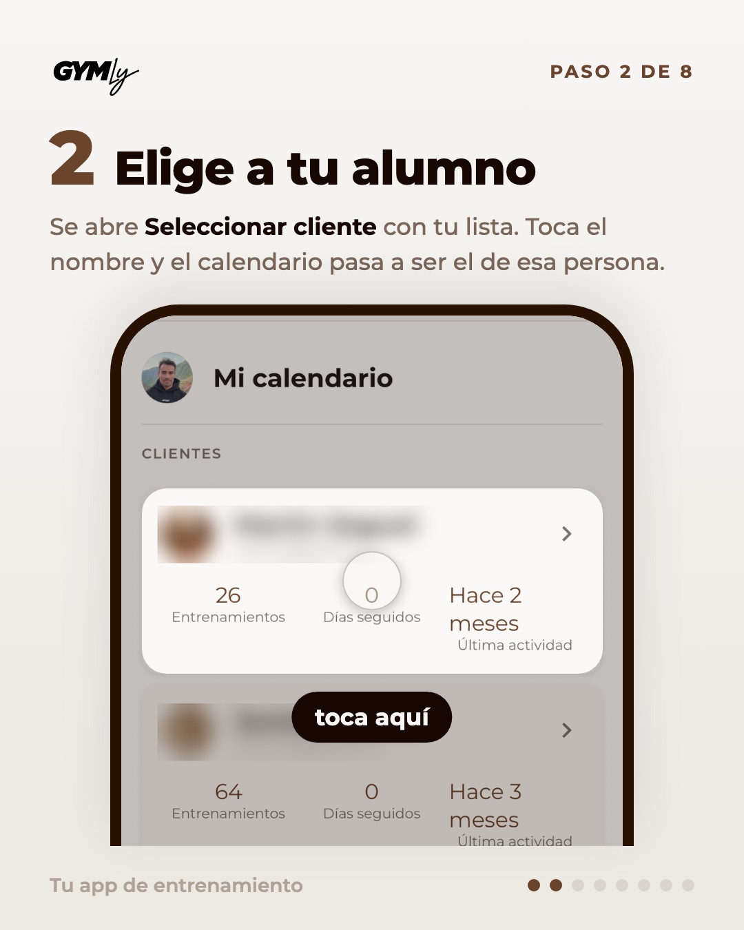 Elige a tu alumno. Se abre Seleccionar cliente con tu lista. Toca el nombre y el calendario pasa a ser el de esa persona.