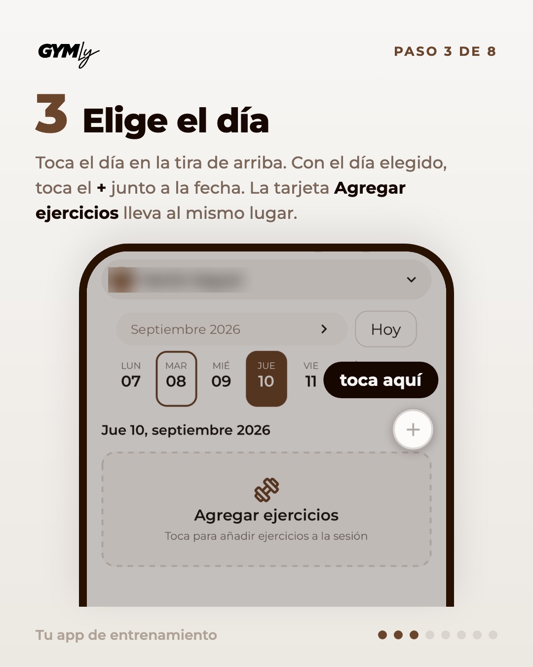 Elige el día. Toca el día en la tira de arriba. Con el día elegido, toca el + junto a la fecha. La tarjeta Agregar ejercicios lleva al mismo lugar.