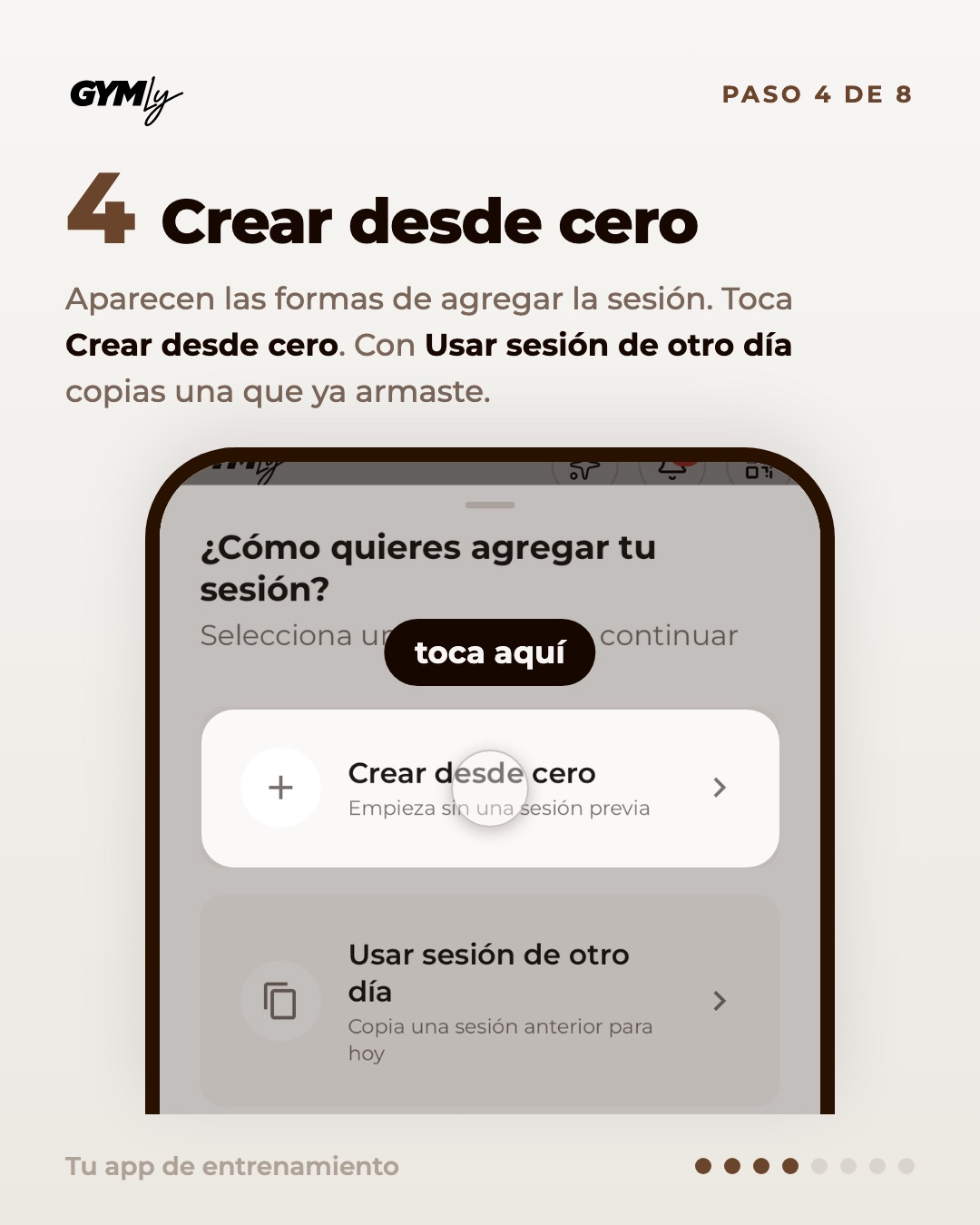 Crear desde cero. Aparecen las formas de agregar la sesión. Toca Crear desde cero. Con Usar sesión de otro día copias una que ya armaste.