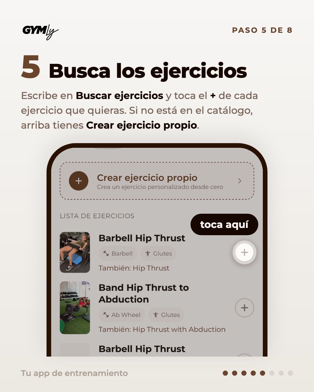 Busca los ejercicios. Escribe en Buscar ejercicios y toca el + de cada ejercicio que quieras. Si no está en el catálogo, arriba tienes Crear ejercicio propio.