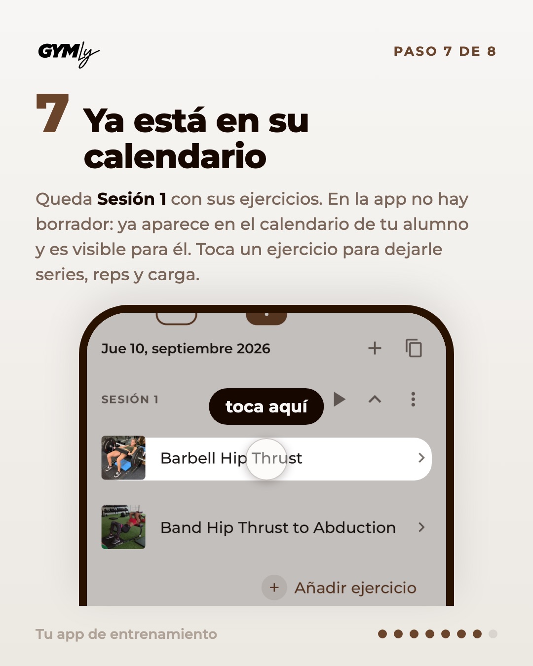 Ya está en su calendario. Queda Sesión 1 con sus ejercicios. En la app no hay borrador: ya aparece en el calendario de tu alumno y es visible para él. Toca un ejercicio para dejarle series, reps y carga.