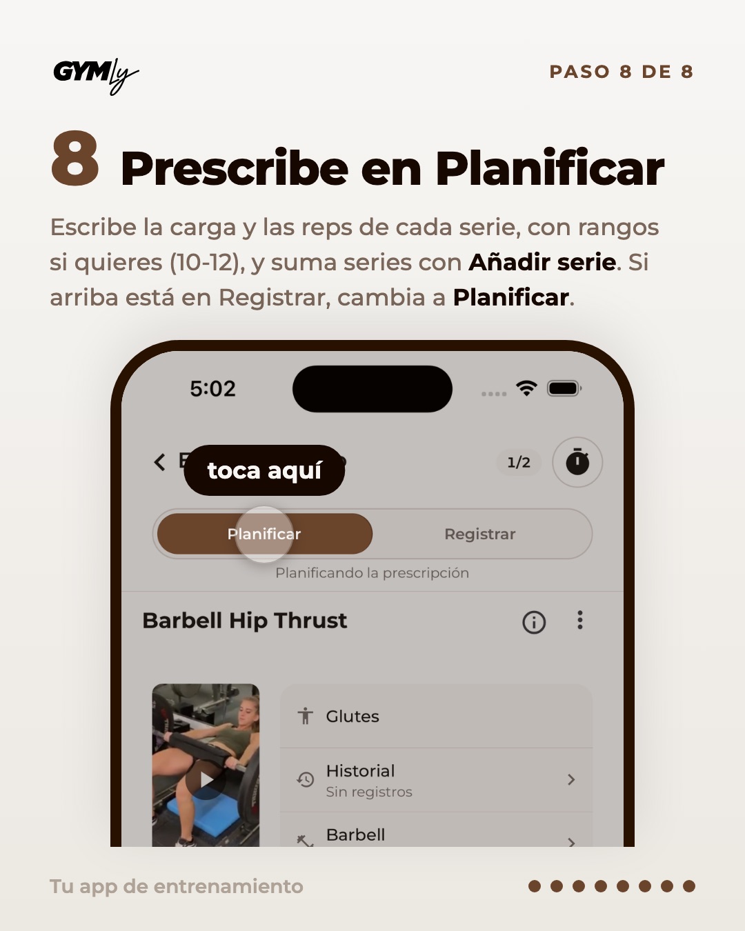 Prescribe en Planificar. Escribe la carga y las reps de cada serie, con rangos si quieres (10-12), y suma series con Añadir serie. Si arriba está en Registrar, cambia a Planificar.