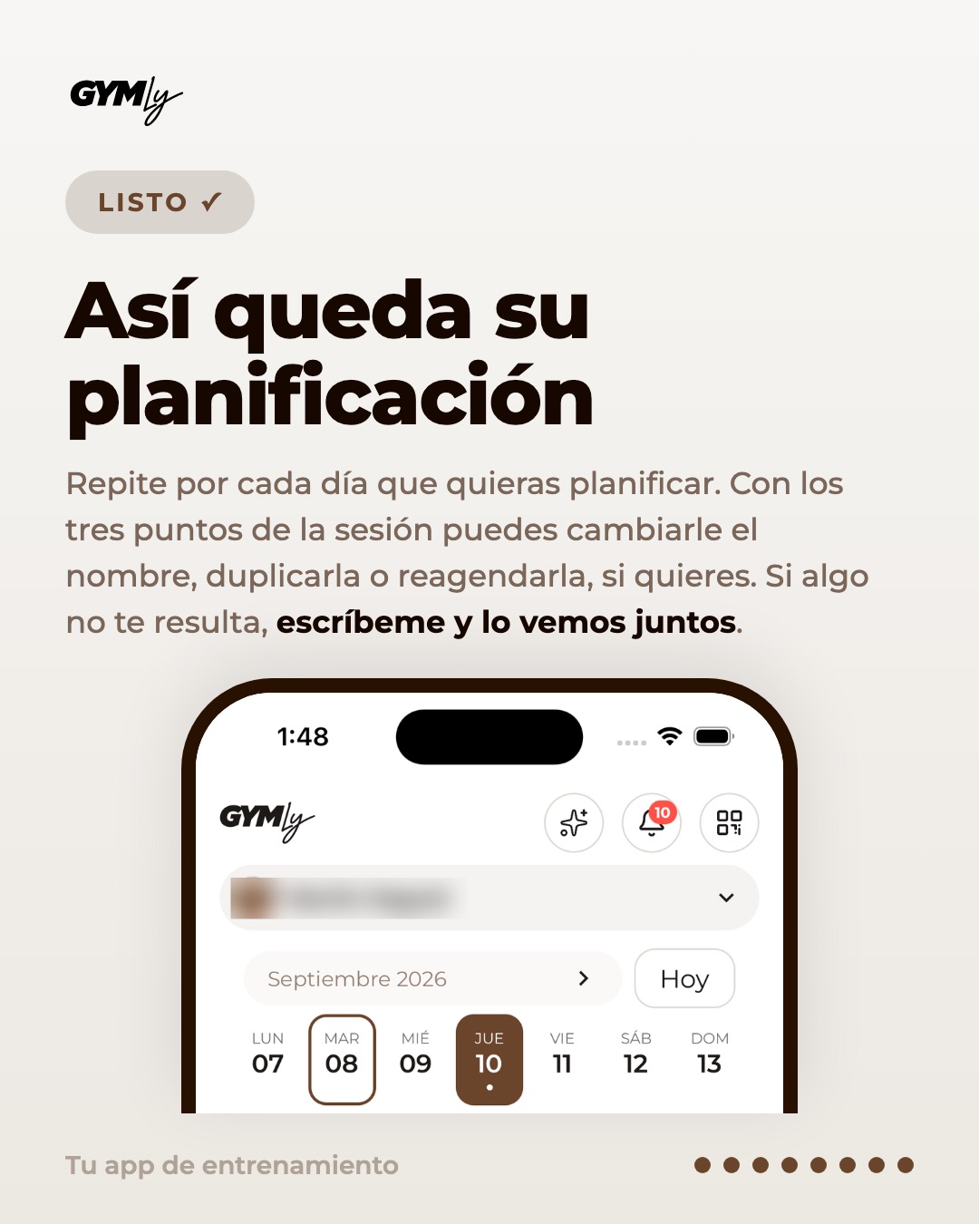 Así queda su planificación. Repite por cada día que quieras planificar. Con los tres puntos de la sesión puedes cambiarle el nombre, duplicarla o reagendarla, si quieres. Si algo no te resulta, escríbeme y lo vemos juntos.