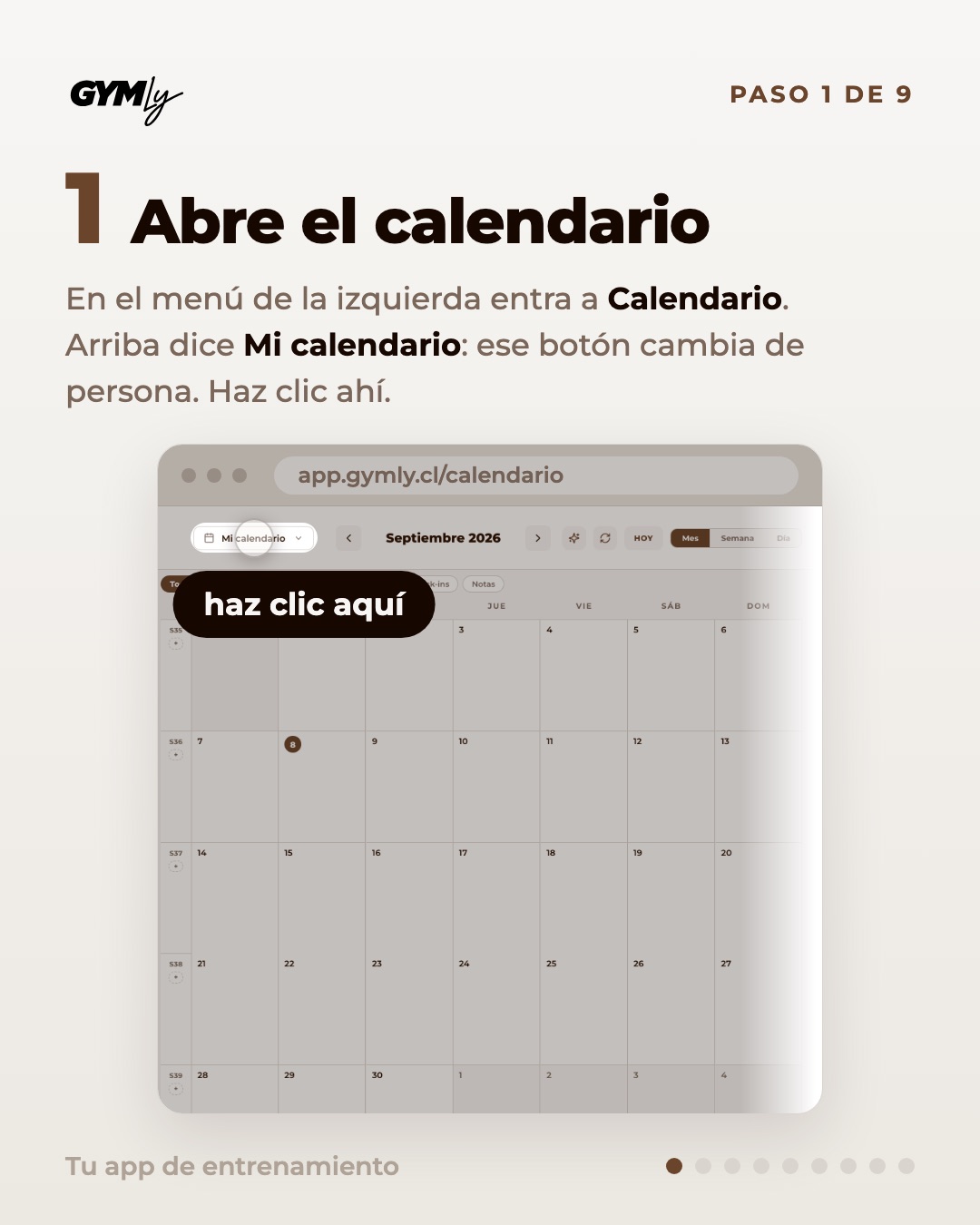 Abre el calendario. En el menú de la izquierda entra a Calendario. Arriba dice Mi calendario: ese botón cambia de persona. Haz clic ahí.