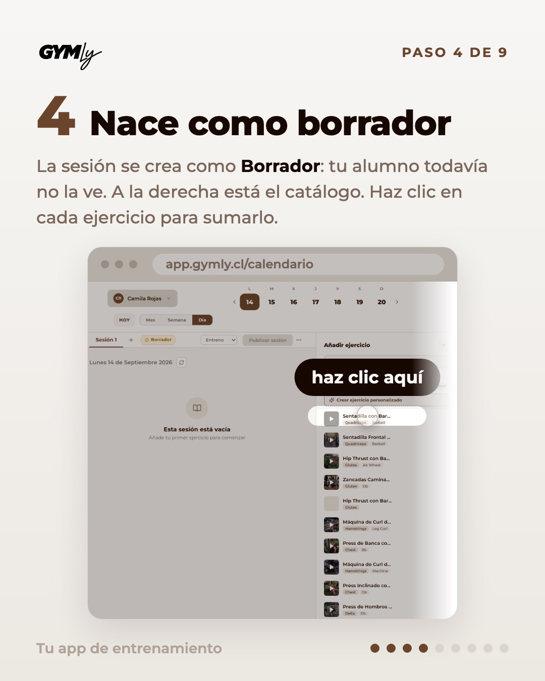 Nace como borrador. La sesión se crea como Borrador: tu alumno todavía no la ve. A la derecha está el catálogo. Haz clic en cada ejercicio para sumarlo.