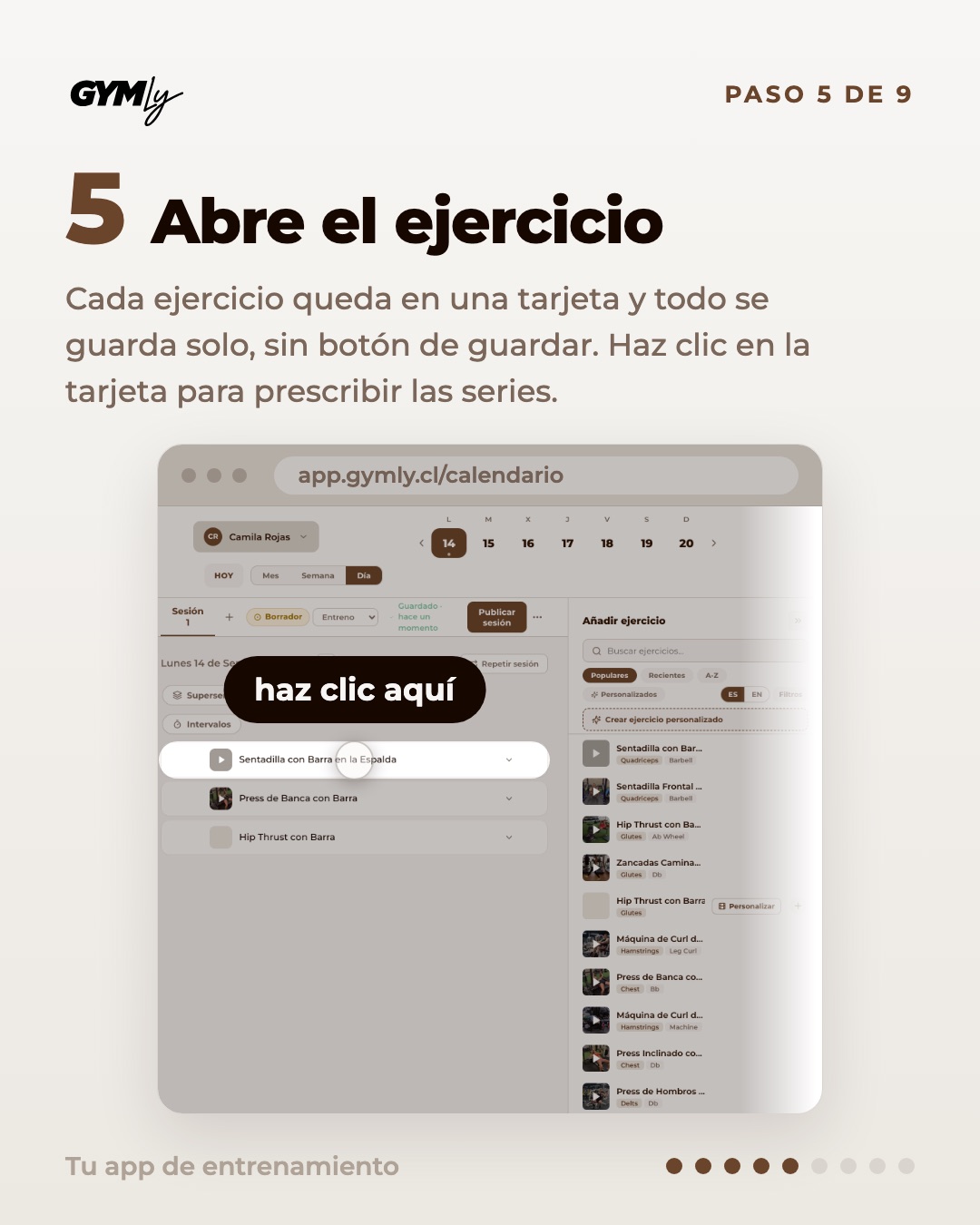Abre el ejercicio. Cada ejercicio queda en una tarjeta y todo se guarda solo, sin botón de guardar. Haz clic en la tarjeta para prescribir las series.