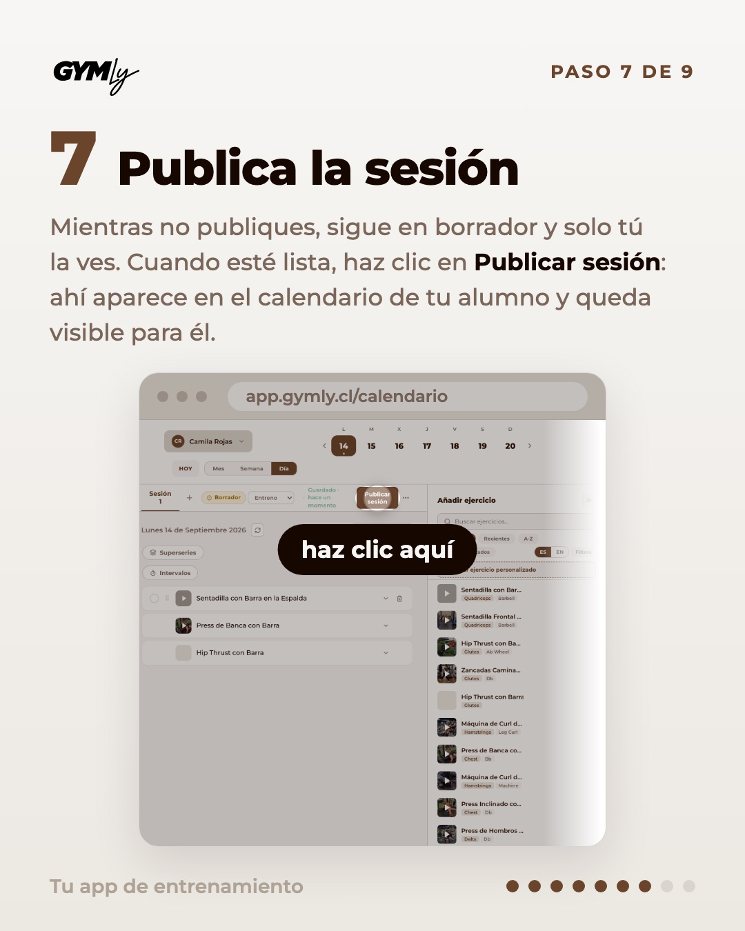 Publica la sesión. Mientras no publiques, sigue en borrador y solo tú la ves. Cuando esté lista, haz clic en Publicar sesión: ahí aparece en el calendario de tu alumno y queda visible para él.