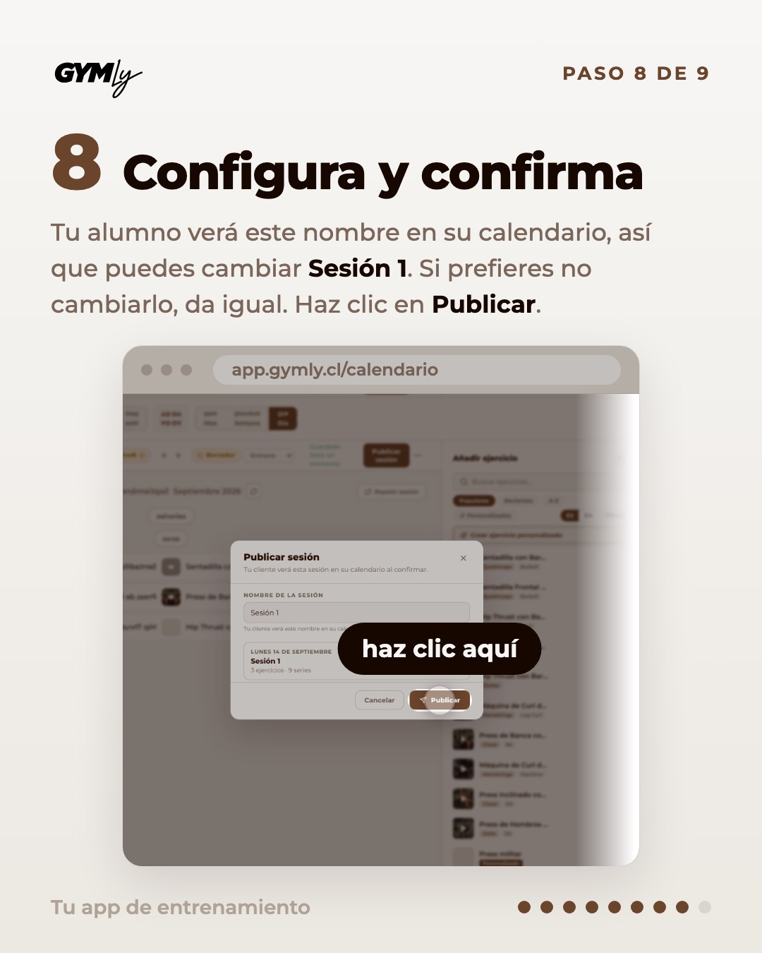 Configura y confirma. Tu alumno verá este nombre en su calendario, así que puedes cambiar Sesión 1. Si prefieres no cambiarlo, da igual. Haz clic en Publicar.