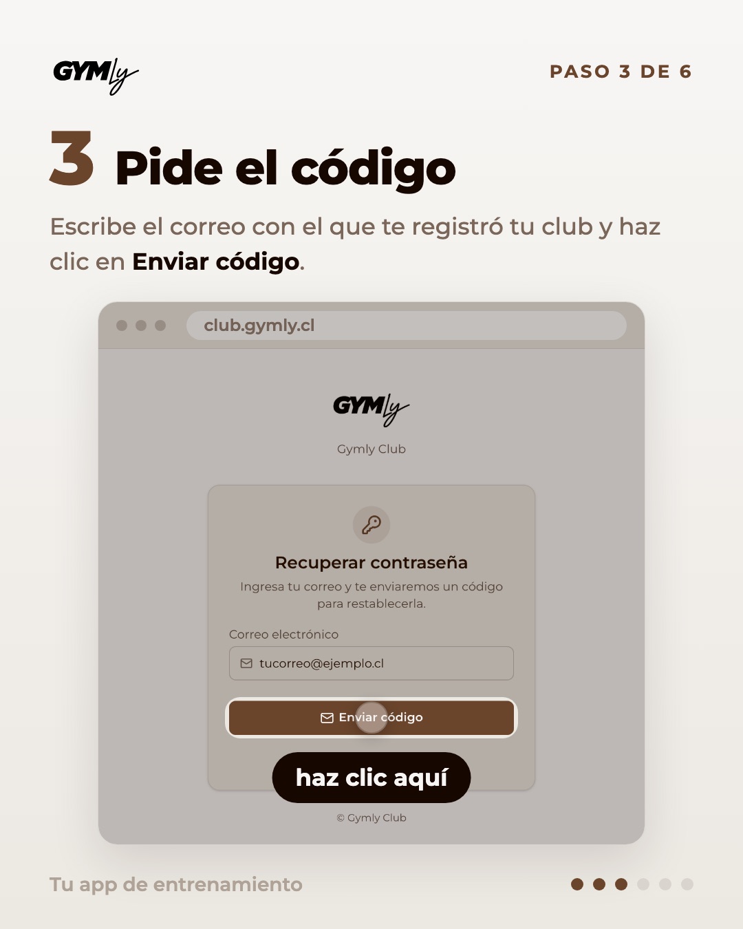 Pide el código. Escribe el correo con el que te registró tu club y haz clic en Enviar código.