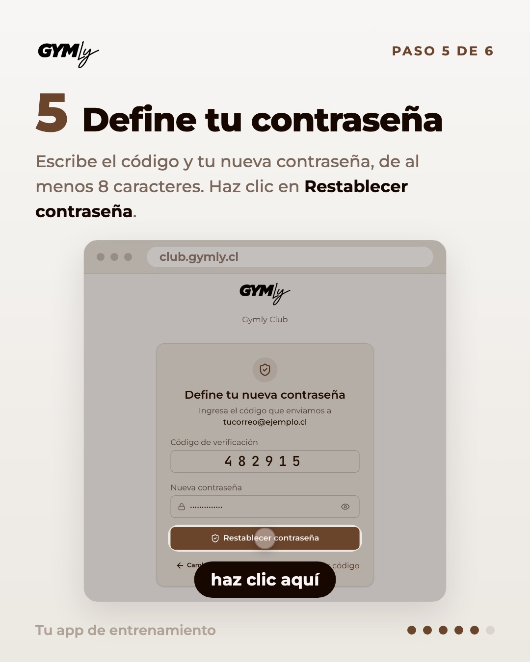 Define tu contraseña. Escribe el código y tu nueva contraseña, de al menos 8 caracteres. Haz clic en Restablecer contraseña.