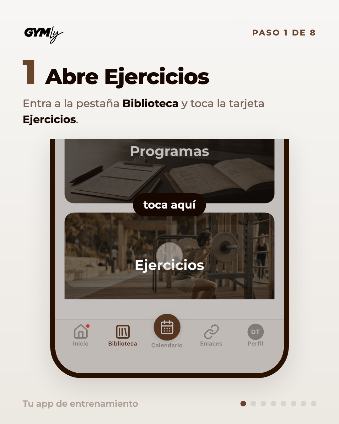 Abre Ejercicios. Entra a la pestaña Biblioteca y toca la tarjeta Ejercicios.