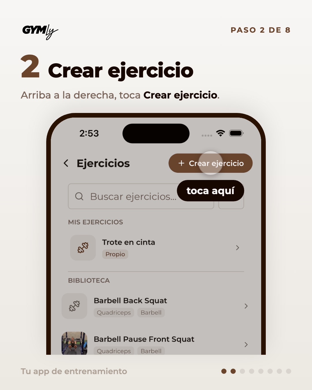 Crear ejercicio. Arriba a la derecha, toca Crear ejercicio.