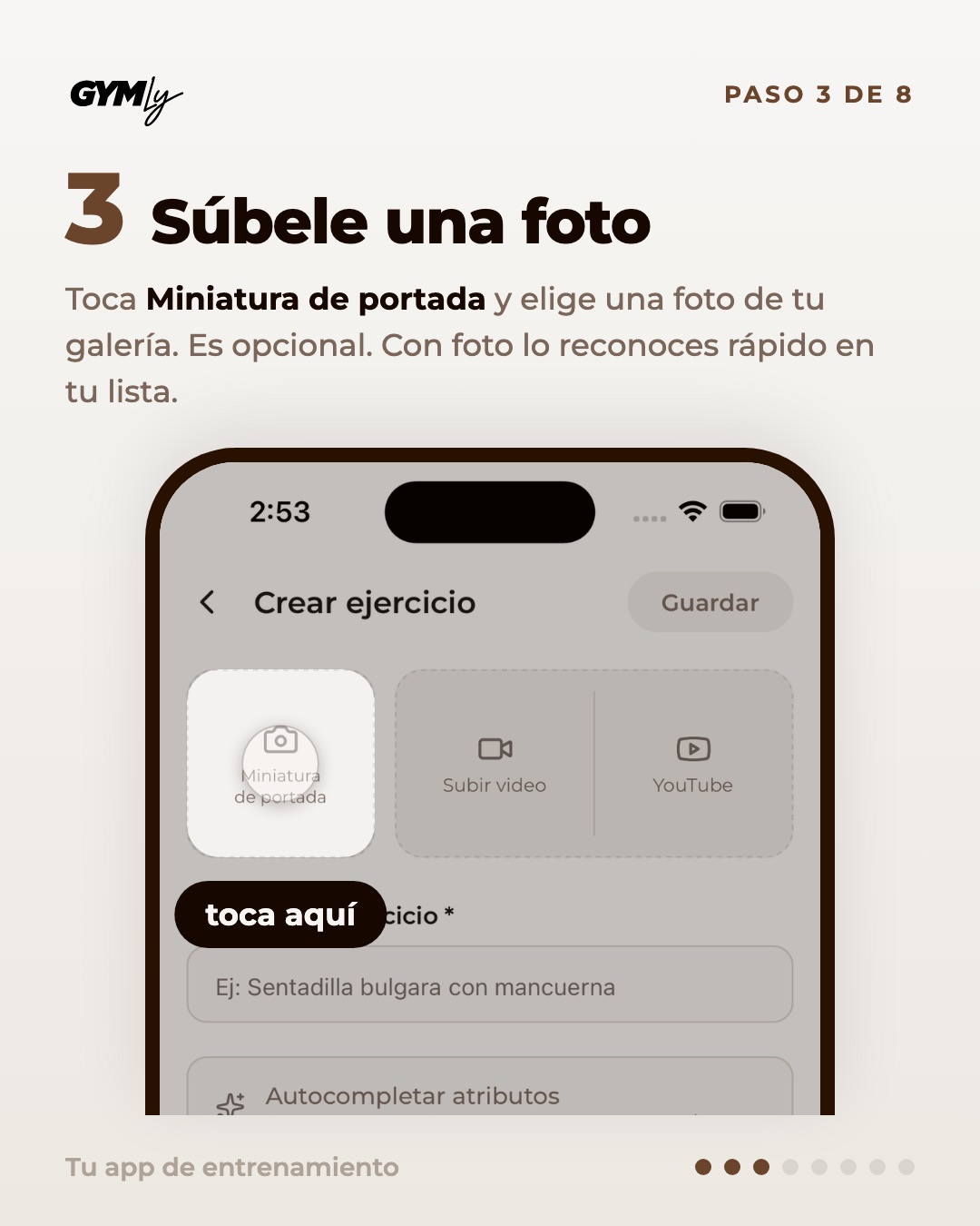 Súbele una foto. Toca Miniatura de portada y elige una foto de tu galería. Es opcional. Con foto lo reconoces rápido en tu lista.