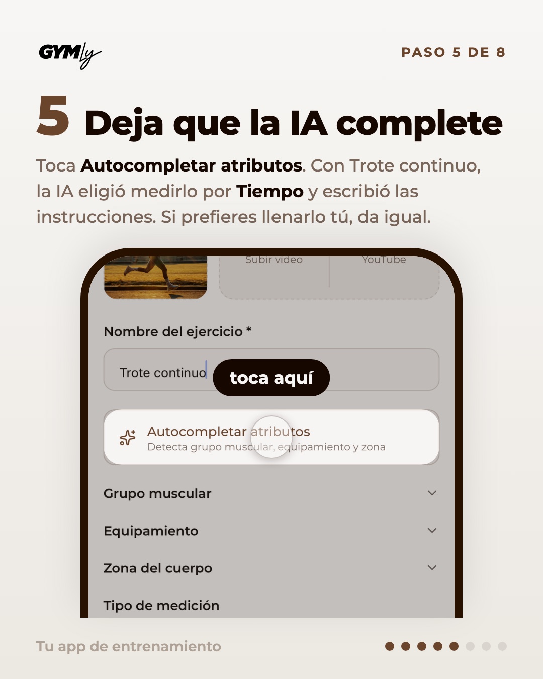 Deja que la IA complete. Toca Autocompletar atributos. Con Trote continuo, la IA eligió medirlo por Tiempo y escribió las instrucciones. Si prefieres llenarlo tú, da igual.