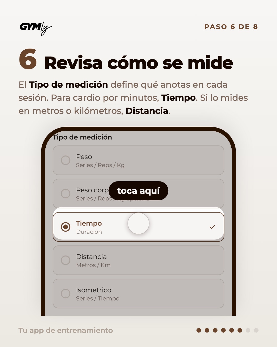 Revisa cómo se mide. El Tipo de medición define qué anotas en cada sesión. Para cardio por minutos, Tiempo. Si lo mides en metros o kilómetros, Distancia.