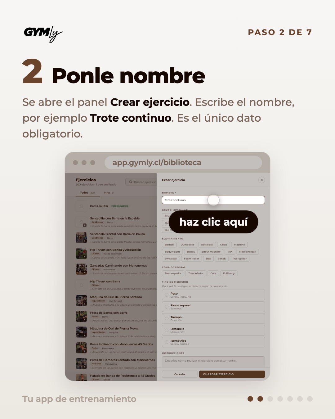 Ponle nombre. Se abre el panel Crear ejercicio. Escribe el nombre, por ejemplo Trote continuo. Es el único dato obligatorio.