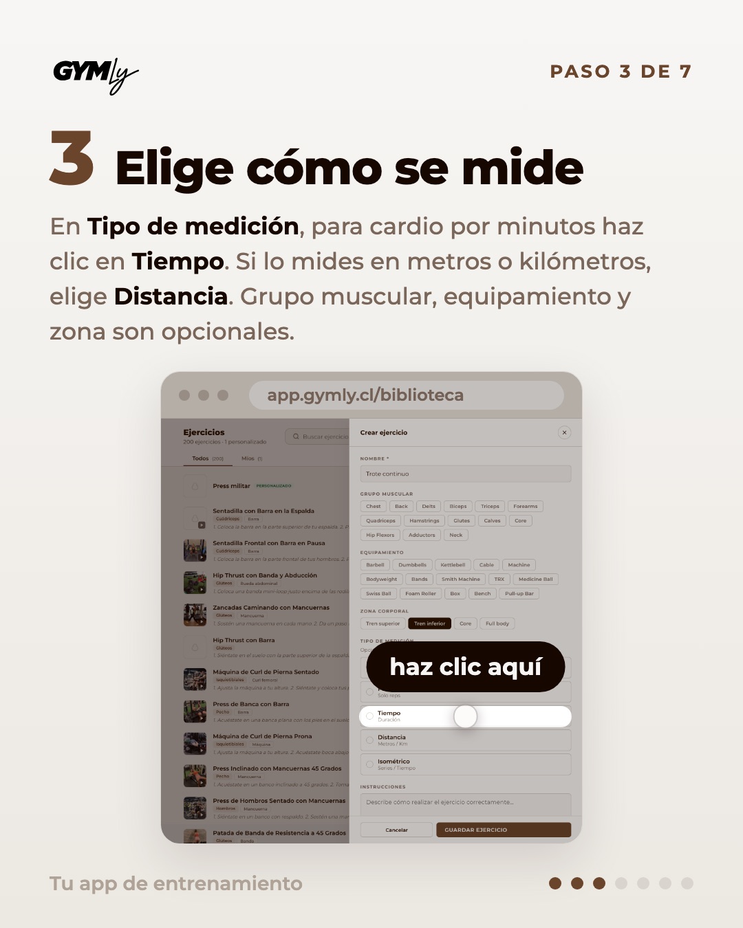 Elige cómo se mide. En Tipo de medición, para cardio por minutos haz clic en Tiempo. Si lo mides en metros o kilómetros, elige Distancia. Grupo muscular, equipamiento y zona son opcionales.
