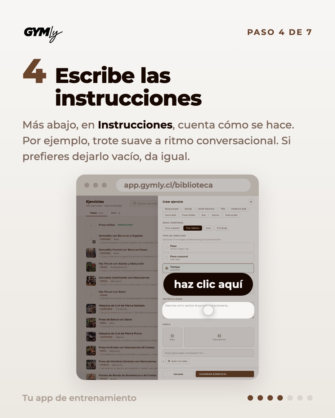 Escribe las instrucciones. Más abajo, en Instrucciones, cuenta cómo se hace. Por ejemplo, trote suave a ritmo conversacional. Si prefieres dejarlo vacío, da igual.