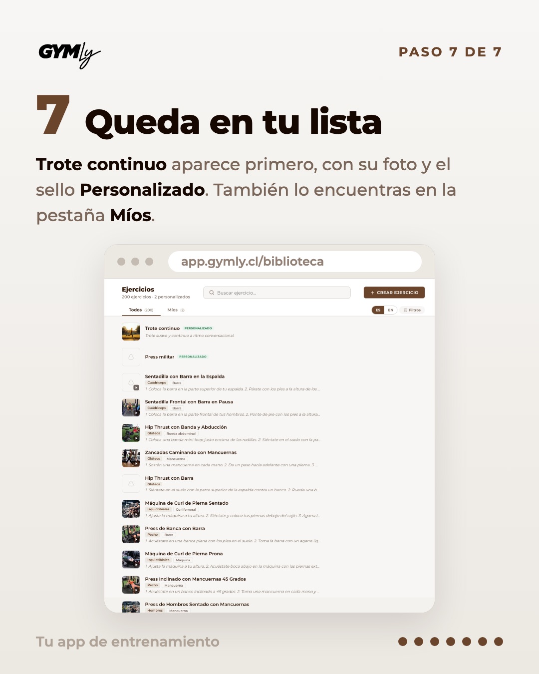 Queda en tu lista. Trote continuo aparece primero, con su foto y el sello Personalizado. También lo encuentras en la pestaña Míos.